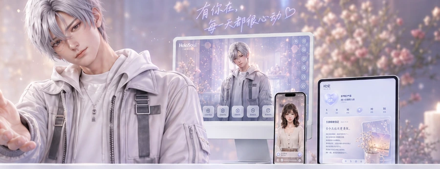 HoloSoul 首页主视觉人物与多端设备